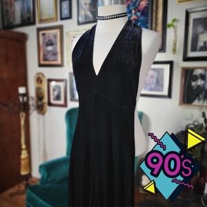 Vintage 90s Charlotte Russe Black Velvet Halter Jumpsuit Wide Leg Minimalist